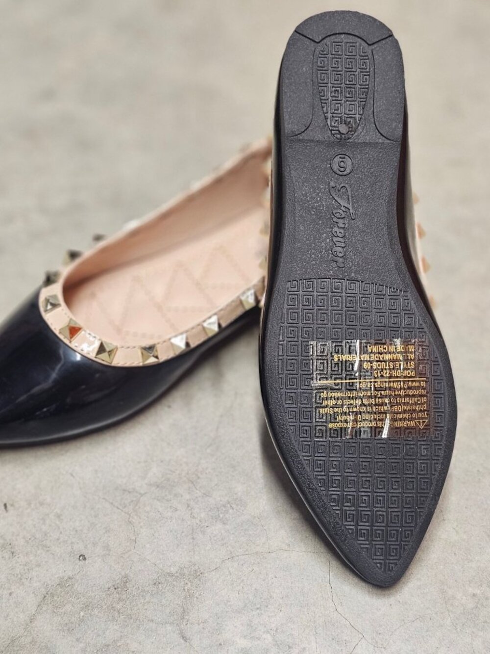 Black Patent Pointed Toe Flats With Gold Studded Trim - Picture 8 of 10